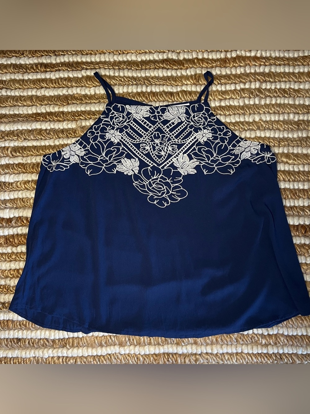 Navy Blue Embroidered Flowy Halter Tank Top